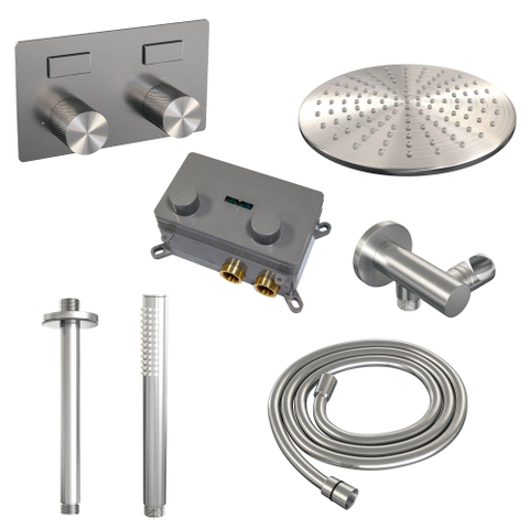 BRAUER Brushed Carving Douche de pluie thermostatique encastrée - boutons-poussoirs - SET 54 - pomme de douche 30cm - bras de plafond - douchette barre - flexible de douche - coude de raccordement mural - inox brossé PVD SW925452