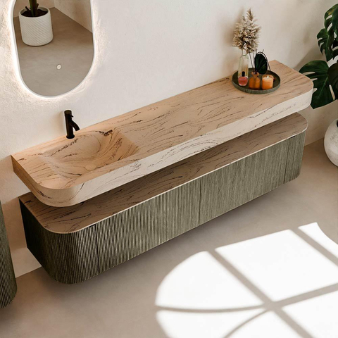 MONDIAZ THOR-DLUX Meuble de salle de bains - 200cm - arrondi gauche + droite - couleur Shadow - 2 tiroirs et 2 portes - Vasque suspendue CLOUD Gauche 1 trou de robinet - couleur Arena SW1467088