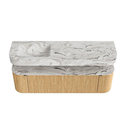 MONDIAZ THOR-DLUX Meuble de salle de bains 160cm arrondi gauche + droite couleur Oak avec 1 tiroir et 2 portes. Vasque suspendue CLOUD Gauche sans trou de robinet couleur Glace. SW1464940