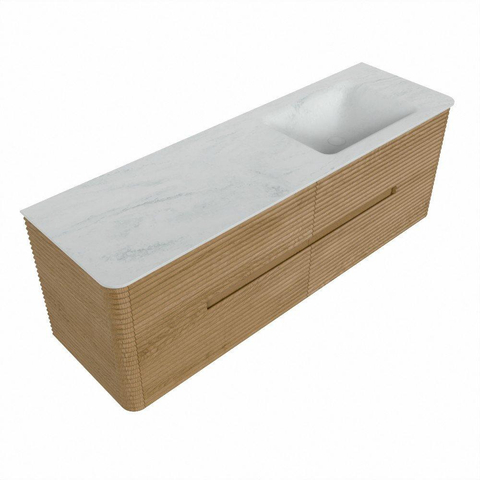 Mondiaz CIRO-DLUX Badkamermeubelset - 150x45x50cm - Solid surface wastafel Opalo - 1 wasbak Rechts - 1 kraangat - 4 lades - Oak SW1531036