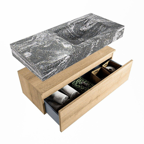 Mondiaz ALAN-DLUX Ensemble de meuble - 100cm - meuble Washed Oak mat - 1 tiroir - Lavabo Cloud Lava suspendu - vasque Droite - 1 trou de robinet SW809052