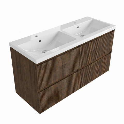 Saniclass Holz Atelier Ensemble de meubles de salle de bains - 120x45x63.5cm - Lavabo Bari en céramique blanc - 2 vasques - 2 trous de robinet - 2 tiroirs - chêne charcoal mat (bois) SW1478781