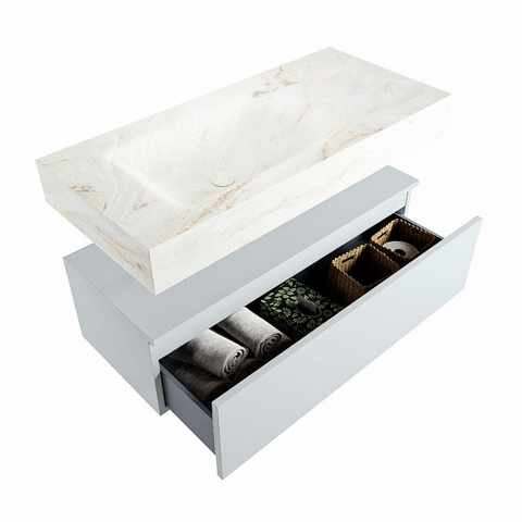Mondiaz ALAN-DLUX Ensemble de meuble - 100cm - meuble Clay mat - 1 tiroir - Lavabo Cloud Frappe suspendu - vasque Gauche - 0 trous de robinet SW805289