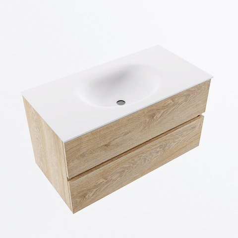 Mondiaz VICA Badkamermeubelset - 90x45x50cm - 2 lades - solid surface wastafel - Moon - zonder kraangaten - Talc - Washed Oak SW1476098