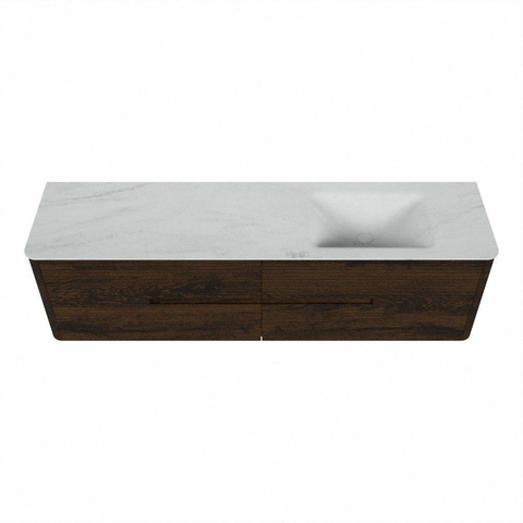 Mondiaz CIRO-DLUX Meuble de salle de bains - 180x45x50cm - Plan-vasque en solid surface Opalo - 1 vasque à droite - 1 trou de robinetterie - 4 tiroirs - Noyer SW1530345