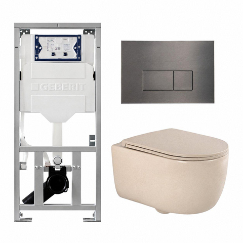 QeramiQ Dely Swirl Ensemble WC - 36.3x51.7cm - Réservoir encastré Geberit UP320 - Abattant fin - Plaque de commande en gunmetal - Boutons rectangulaires - Beige SW1130219