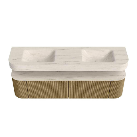 MONDIAZ THOR-DLUX Meuble de salle de bains 180cm arrondi gauche + droite couleur Dusk avec 2 tiroirs et 2 portes. Vasque suspendue CLOUD Double sans trou de robinet couleur Meli. SW1466169