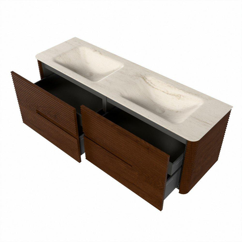 Mondiaz CIRO-DLUX Badkamermeubelset - 150x45x50cm - Solid surface wastafel Meli - 2 wasbak Dubbel - 2 kraangaten - 4 lades - Ruby SW1531775