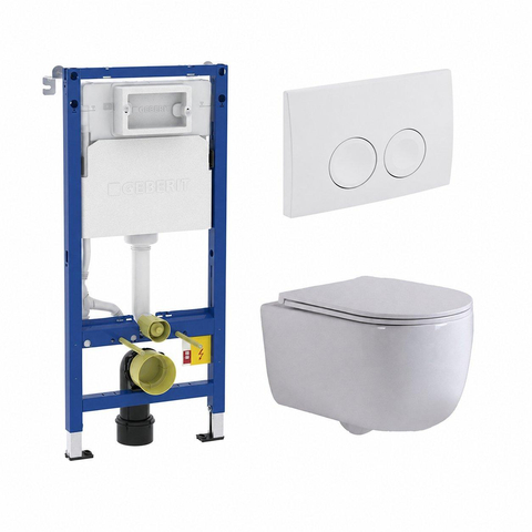 QeramiQ Dely Swirl Pack WC - 36.5x53cm - réservoir encastré Geberit UP100 - abattant mince - plaque de commande blanche - boutons ronds - brillant blanc SW1126084