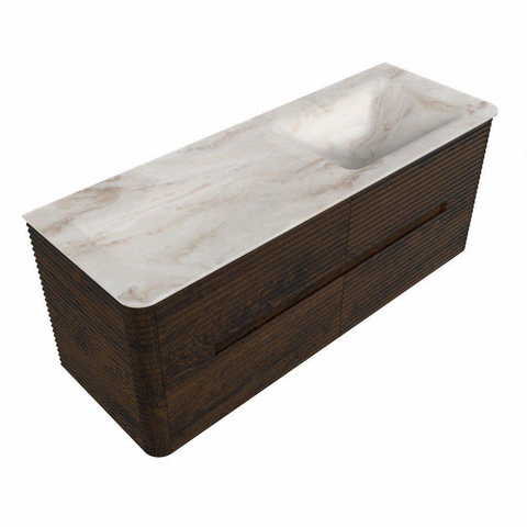 Mondiaz CIRO-DLUX Badkamermeubelset - 130x45x50cm - Solid surface wastafel Frappe - 1 wasbak Rechts - 1 kraangat - 4 lades - Walnut SW1530250