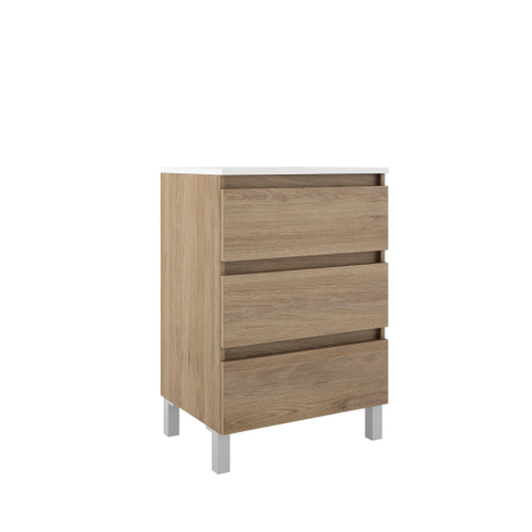 Saniclass Chaci PLUS Badkameronderkast 60x86x46cm 3 lades Geintegreerde greep MFC eiken met wastafel . kraan en waste chroom. SHOWROOMMODEL SHOW26166