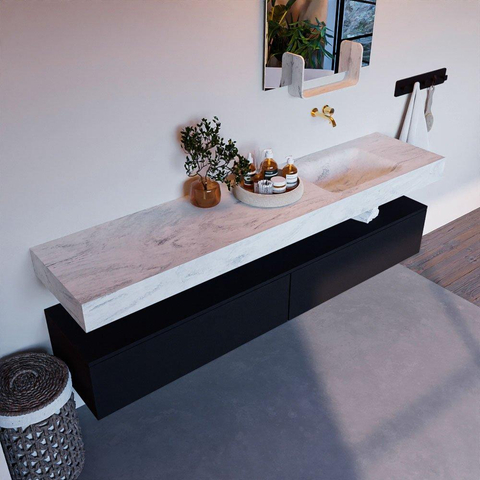 Mondiaz ALAN-DLUX Ensemble de meuble - 200cm - meuble Urban mat - 2 tiroirs - Lavabo Cloud Opalo suspendu - vasque Droite - 0 trous de robinet SW806491