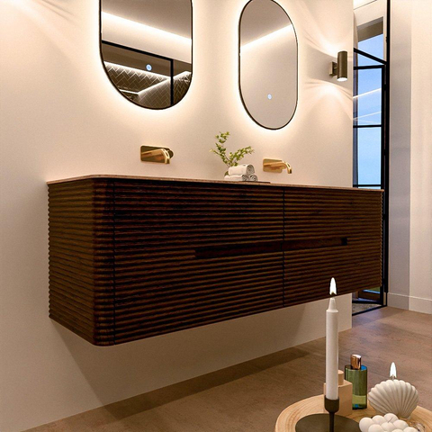 Mondiaz CIRO-DLUX Badkamermeubelset - 160x45x50cm - Solid surface wastafel Saba - 2 wasbak Dubbel - zonder kraangaten - 4 lades - Walnut SW1530695