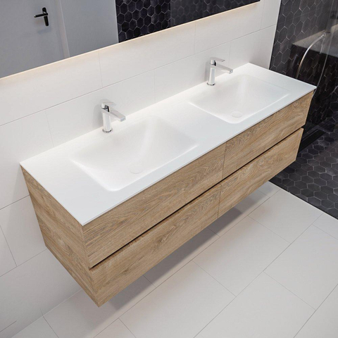 MONDIAZ VICA Ensemble meuble de salle de bains - 150cm - 4 tiroirs - lavabo Cloud double - 2 trous de robinetterie - solid surface chêne blanchi SW410089