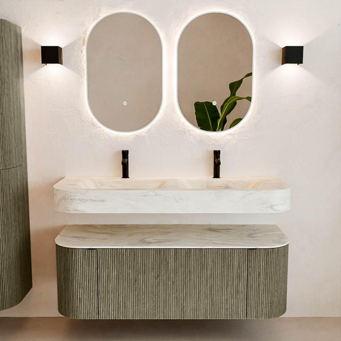 MONDIAZ THOR-DLUX 130cm meuble de salle de bains arrondi gauche + droite couleur Shadow avec 1 tiroir et 2 portes. Vasque suspendue CLOUD Double 2 trous de robinet couleur Ostra. SW1463777
