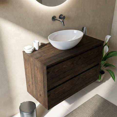 Saniclass Holz Pure Badkamermeubelset - 100x45x62cm - houten topblad - zonder kraangat - 2 lades - mat eiken charcoal (hout) SW1436769