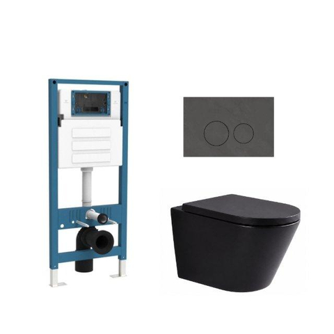 QeramiQ Dely Ensemble de toilette - réservoir encastré Qeramiq Flush - abattant 35mm - plaque de commande en pierre naturelle marbre foncé - boutons ronds - noir mat SW1578513