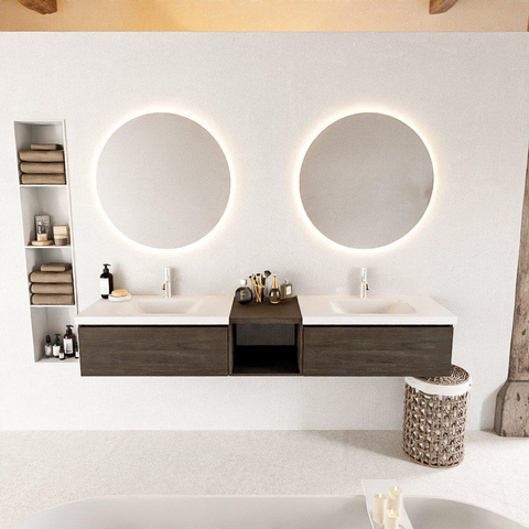 MONDIAZ BUKLA 200cm ensemble de meuble avec module ouvert 40 couleur Marron foncé avec 2 tiroirs. Lavabo CLOUD double 2 trous de robinet couleur Talc. SW1382137