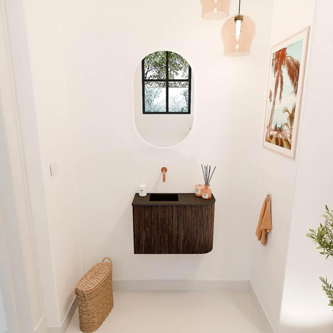Mondiaz JOYA 61.6cm meuble de salle de bains - arrondi droit couleur Walnut - Vasque FAYE position Gauche Sans trou de robinet couleur Urban. SW1421348