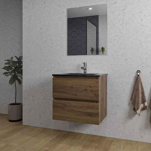 Saniclass Chaci Meuble de salle de bain - 60x46x55cm - lavabo en céramique noir - 1 vasque - 1 trou de robinet - 2 tiroirs - miroir rectangulaire - noyer (hout) SW816537