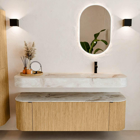 MONDIAZ THOR-DLUX 150cm badmeubel ronding links + rechts kleur Oak met 1 lade en 2 deuren. Vrijhangende wastafel CLOUD Rechts 1 kraangat kleur Frappe. SW1464608