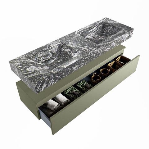 Mondiaz ALAN-DLUX Ensemble de meuble - 150cm - meuble Army mat - 1 tiroir - Lavabo Cloud Lava suspendu - vasque Gauche et droite - 0 trous de robinet SW808532
