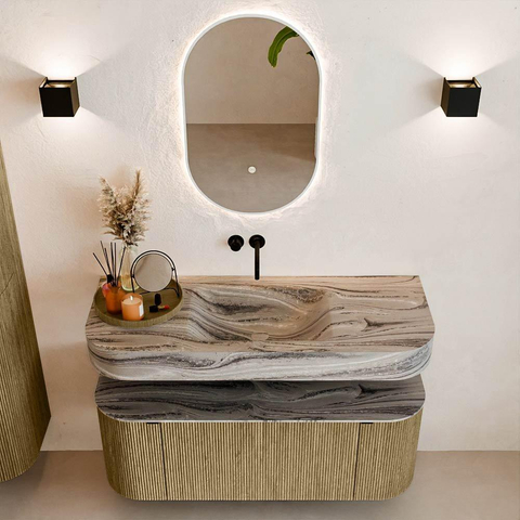 MONDIAZ THOR-DLUX 120cm meuble de salle de bains arrondi gauche + droite couleur Dusk avec 1 tiroir et 2 portes. Vasque suspendue CLOUD Milieu sans trou de robinet couleur Sombra. SW1463682