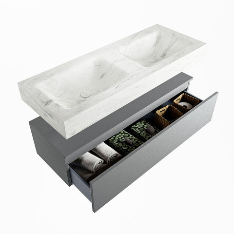 Mondiaz ALAN-DLUX Ensemble de meuble - 120cm - meuble Plata mat - 1 tiroir - Lavabo Cloud Opalo suspendu - vasque Gauche et droite - 0 trous de robinet SW807023