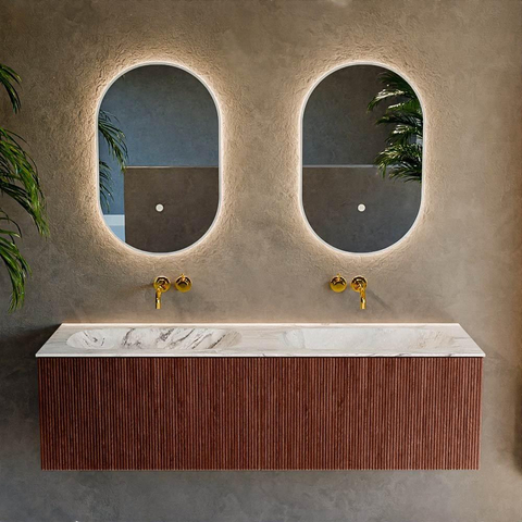 Mondiaz KURVE-DLUX Ensemble meuble de salle de bains - 150x46x40cm - 2 tiroirs - vasque solid surface - double - sans trou de robinet - Ruby SW1415987