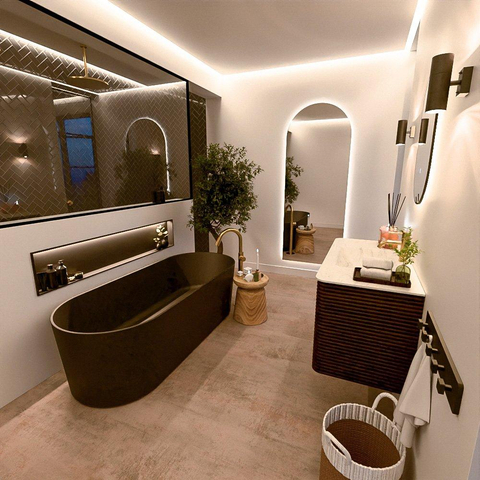 Mondiaz CIRO-DLUX Badkamermeubelset - 100x45x50cm - Solid surface wastafel Opalo - 1 wasbak Midden - 1 kraangat - 2 lades - Walnut SW1530125