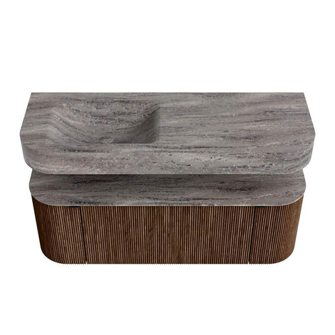 MONDIAZ THOR-DLUX 130cm badmeubel ronding links + rechts kleur Walnut met 1 lade en 2 deuren. Vrijhangende wastafel CLOUD Links zonder kraangat kleur Oza. SW1463969