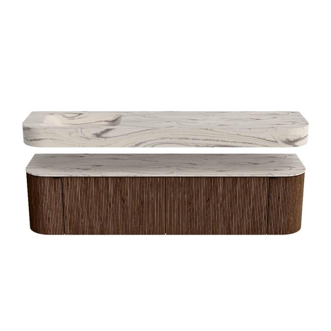 MONDIAZ THOR-DLUX 180cm meuble de salle de bains arrondi gauche + droite couleur Walnut avec 2 tiroirs et 2 portes. Vasque suspendue CLOUD Gauche 1 trou de robinet couleur Nata. SW1466194