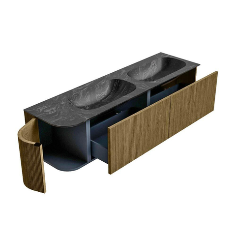 Mondiaz KURVE-DLUX Ensemble de meubles de salle de bains - 165x46x40cm - 2 tiroirs - 1 porte - vasque solid surface - double / droite - 2 trous de robinet - Dusk SW1415563