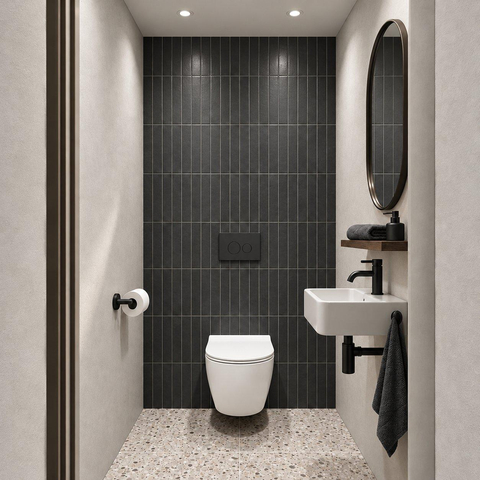 Adema Salina 2.0 Toiletset - 48.5x36x32cm - diepspoel - spoelrandloos - QeramiQ inbouwreservoir - softclose - quickrelease - toiletzitting - mat antraciet kunststof bedieningsplaat - ronde knoppen - wit SW1474579