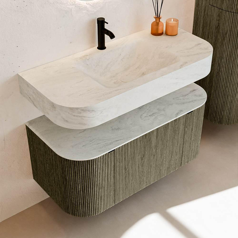 MONDIAZ THOR-DLUX Meuble de salle de bains - 100cm - arrondi gauche + droite - couleur Shadow - 1 tiroir - 2 portes - Vasque suspendue CLOUD Milieu 1 trou de robinet couleur Opalo SW1467522