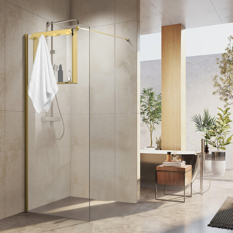Fortifura Galeria schap met 4 haken - voor douchewand - 50x50x6.5cm - geborsteld messing (goud) SHOWROOMMODEL SHOW25766