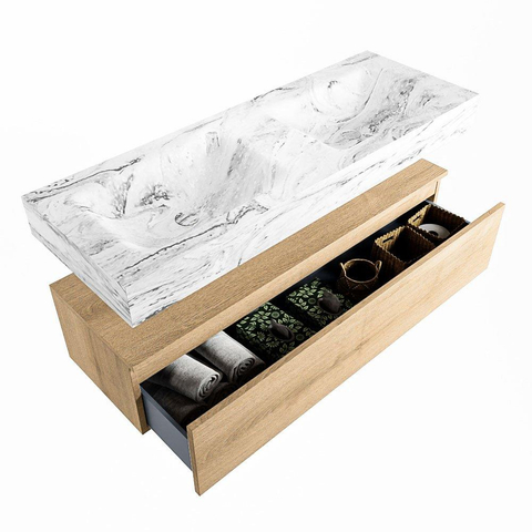Mondiaz ALAN-DLUX Ensemble de meuble - 130cm - meuble Washed Oak mat - 1 tiroir - Lavabo Cloud Glace suspendu - vasque Gauche et droite - 0 trous de robinet SW808665