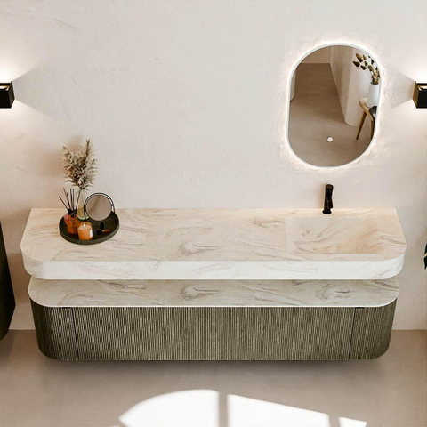 MONDIAZ THOR-DLUX Meuble de salle de bains - 200cm - arrondi gauche + droite - couleur Shadow - 2 tiroirs - 2 portes - Vasque suspendue CLOUD droite 1 trou de robinet couleur Ostra SW1467055