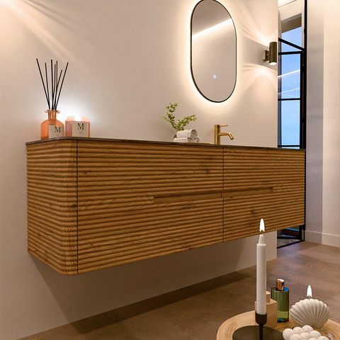 Mondiaz CIRO-DLUX Meuble de salle de bains - 170x45x50cm - Plan vasque Solid surface Sombra - 1 lavabo à droite - 1 trou de robinetterie - 4 tiroirs - Chêne SW1531256