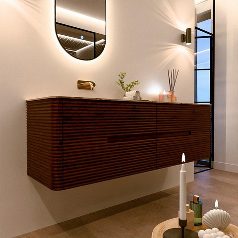 Mondiaz CIRO-DLUX Ensemble de meubles de salle de bains - 160x45x50cm - Plan-vasque solid surface Arena - 1 lavabo à gauche - sans trous de robinet - 4 tiroirs - Ruby SW1531715