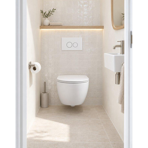 Pack WC QeramiQ Dely Swirl Compact - réservoir encastrable Geberit UP320 - avec bâti-support Burda - abattant slim - plaque de commande en métal blanc mat - boutons ronds - blanc mat SW1595633