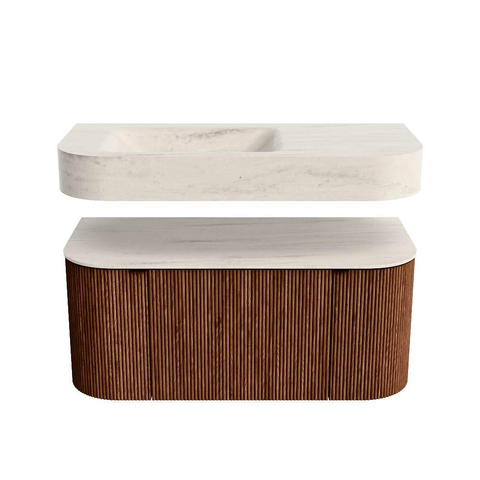 MONDIAZ THOR-DLUX 100cm meuble de salle de bains arrondi gauche + droite couleur Ruby avec 1 tiroir et 2 portes. Vasque suspendue CLOUD gauche 1 trou de robinet couleur Meli. SW1467488