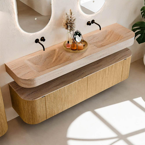MONDIAZ THOR-DLUX 180cm meuble de salle de bains arrondi gauche + droite couleur Oak avec 2 tiroirs et 2 portes. Vasque suspendue CLOUD Double sans trou de robinet couleur Saba. SW1466339