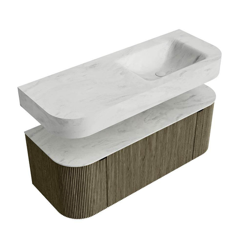 MONDIAZ THOR-DLUX 120cm meuble de salle de bains arrondi gauche + droite couleur Shadow avec 1 tiroir et 2 portes. Vasque suspendue CLOUD Droite sans trou de robinet couleur Opalo. SW1463164