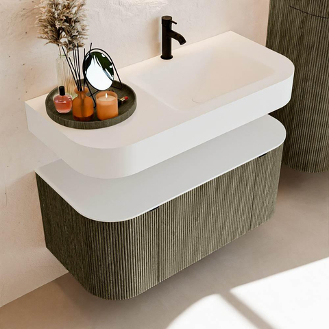 MONDIAZ THOR 100cm meuble de salle de bains arrondi gauche + droite couleur Shadow avec 1 tiroir et 2 portes. Vasque suspendue CLOUD Droite 1 trou de robinet couleur Talc. SW1467433