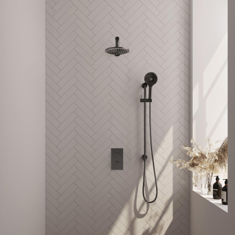 Brauer Gunmetal Carving Ensemble de douche pluie encastré - douche principale 20cm - bouton carving - douchette ronde 3 positions - glijstang - PVD - gunmetal brossé SW715997