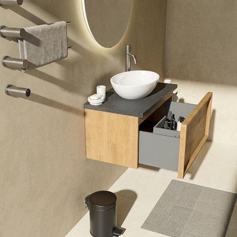 Saniclass Holz Frame Badkamermeubelset - 80x45x43cm - Noche basalten wastafelblad gepolijst (zwart) - 1 kraangat - 1 lade - mat eiken natural (hout) SW1478549
