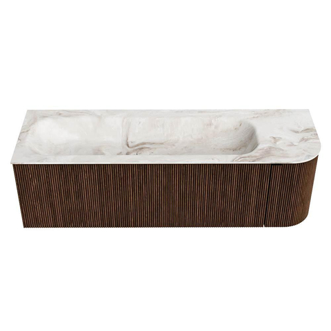 MONDIAZ KURVE-DLUX meuble de salle de bains 145 cm avec module 25 R couleur Walnut avec 1 tiroir et 1 porte. Lavabo BIG LARGE gauche sans trou de robinet couleur Frappe. SW1137464