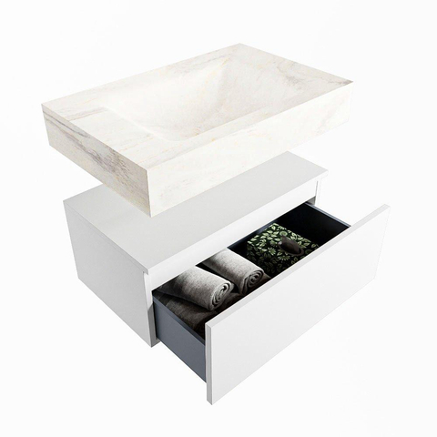 Mondiaz ALAN-DLUX Ensemble de meuble - 70cm - meuble Talc mat - 1 tiroir - Lavabo Cloud Ostra suspendu - vasque Centre - 1 trou de robinet SW806842