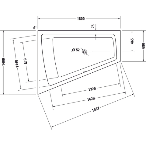Duravit Paiova Kunststof bad acryl afgeschuind links - 180x140x46cm - zonder poten - glans wit 0297537